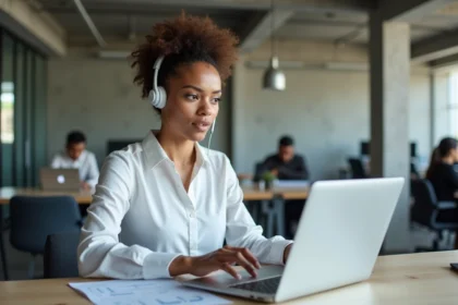 Conseillère commerciale en start-up B2B passant un appel téléphonique stratégique dans un espace de coworking moderne