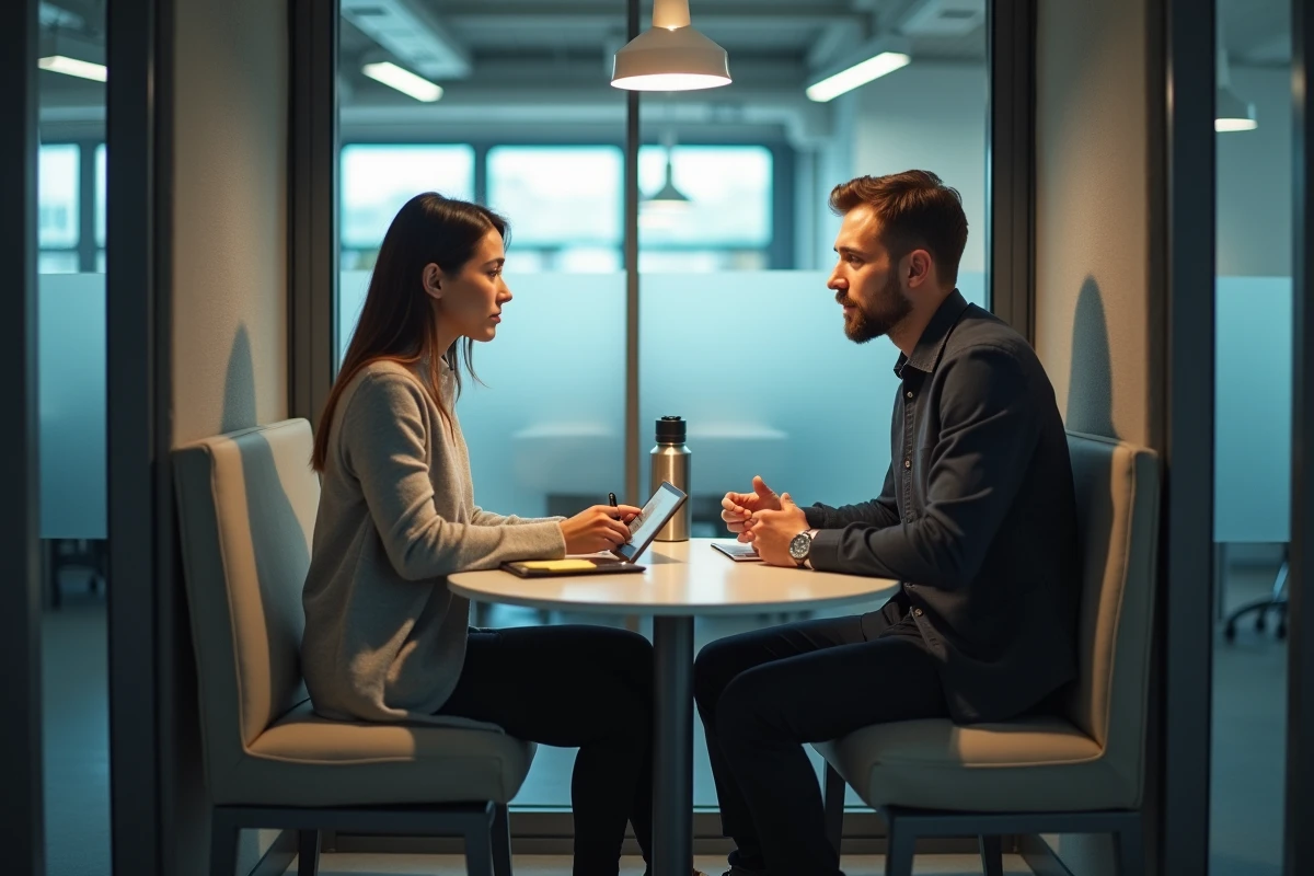 Duo de conseillers start-up B2B en cabine téléphonique acoustique de bureau pendant un appel client