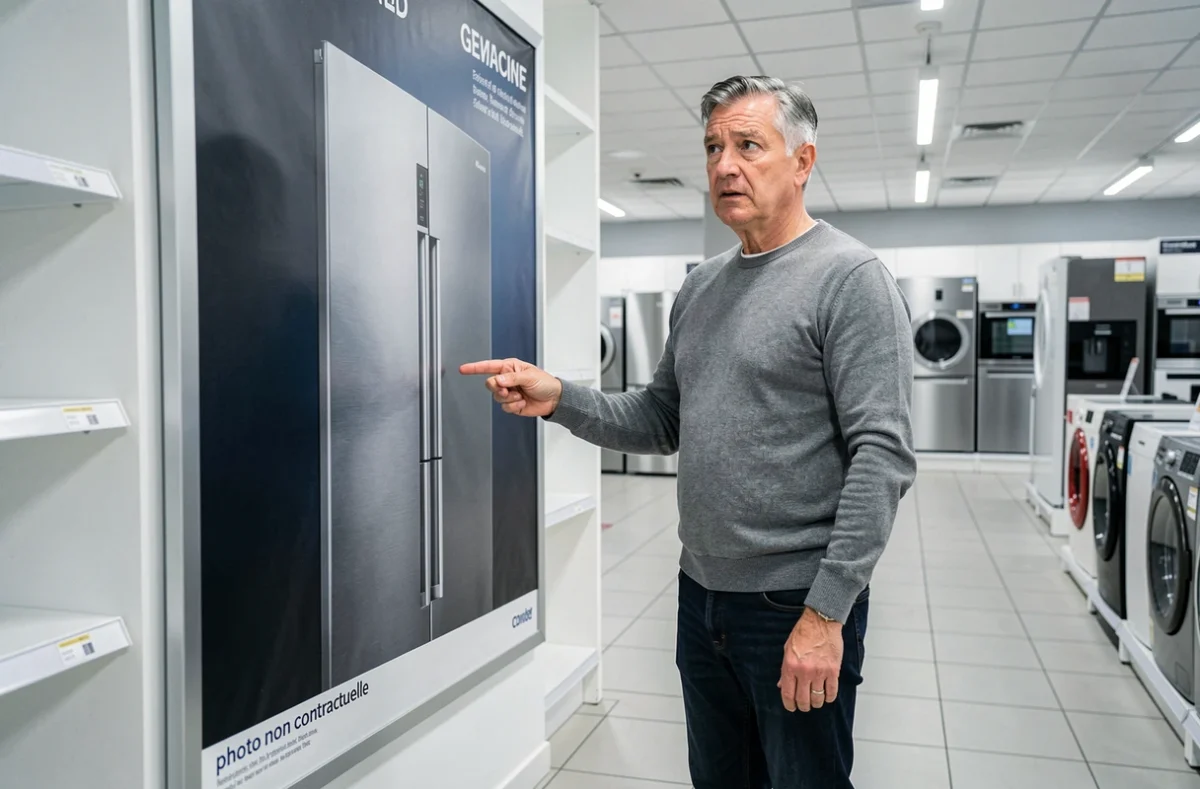 Consommateur pointant la mention photo non contractuelle sur une affiche publicitaire dans un magasin d'électroménager