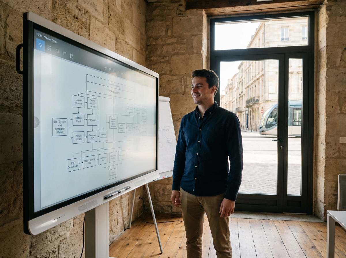 Jeune consultant IT devant tableau blanc interactif à Bordeaux