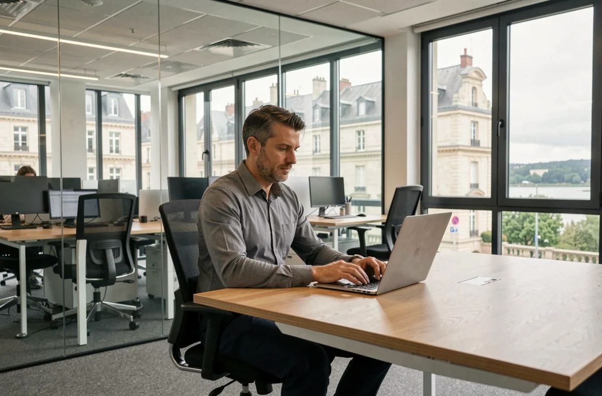 Un consultant indépendant en télétravail dans un bureau partagé à Orléans, illustrant le portage salarial