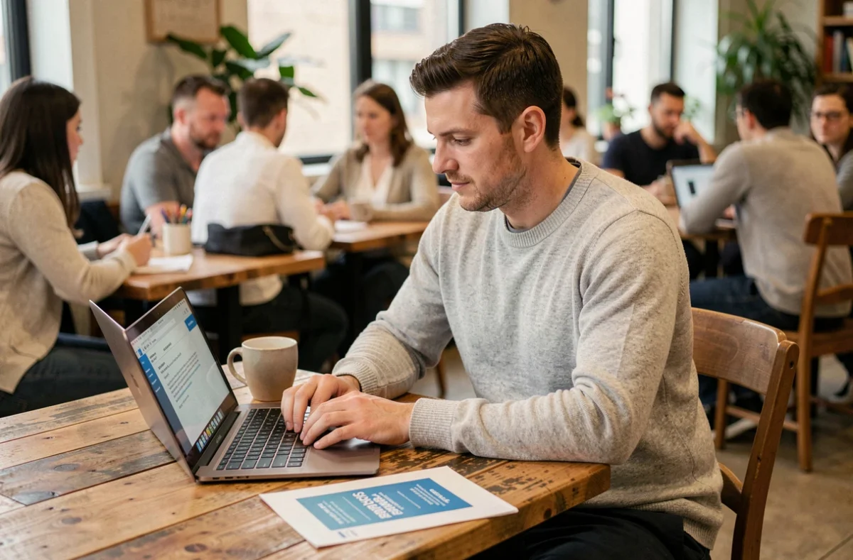 Consultant indépendant travaillant dans un espace de coworking avec des documents sur le portage salarial