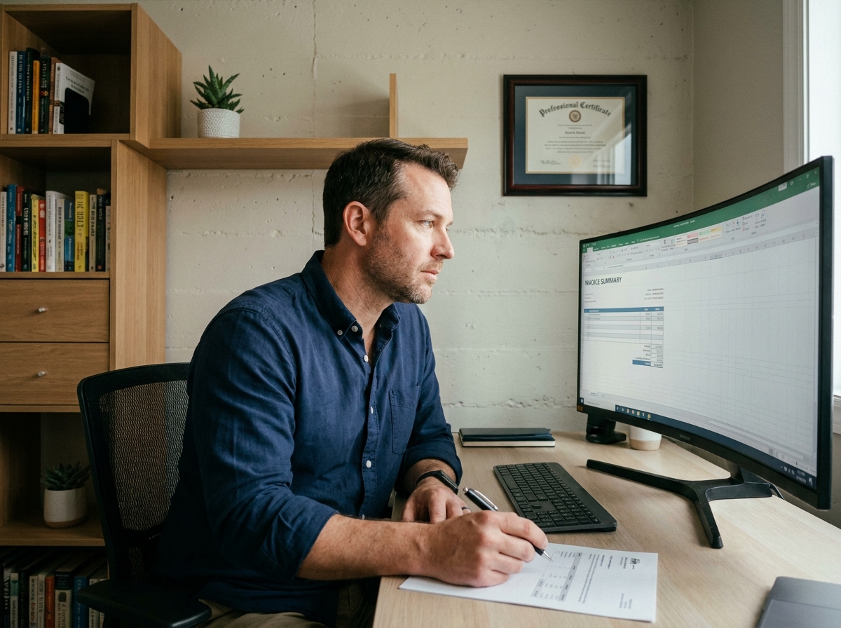 Consultant indépendant analysant une facture générée par un logiciel gratuit dans son bureau à domicile