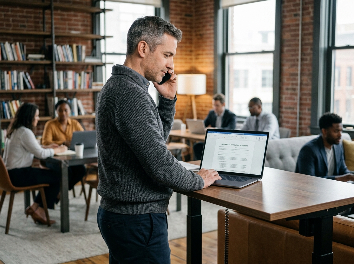 Consultant indépendant en portage salarial gérant sa relation client depuis un espace de coworking avec ordinateur et téléphone