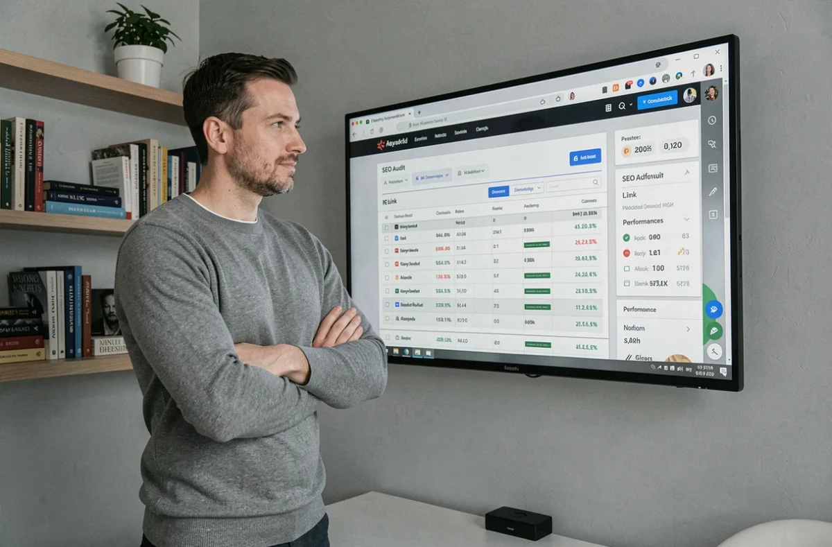 Consultant en marketing digital examinant un audit SEO sur un grand écran mural