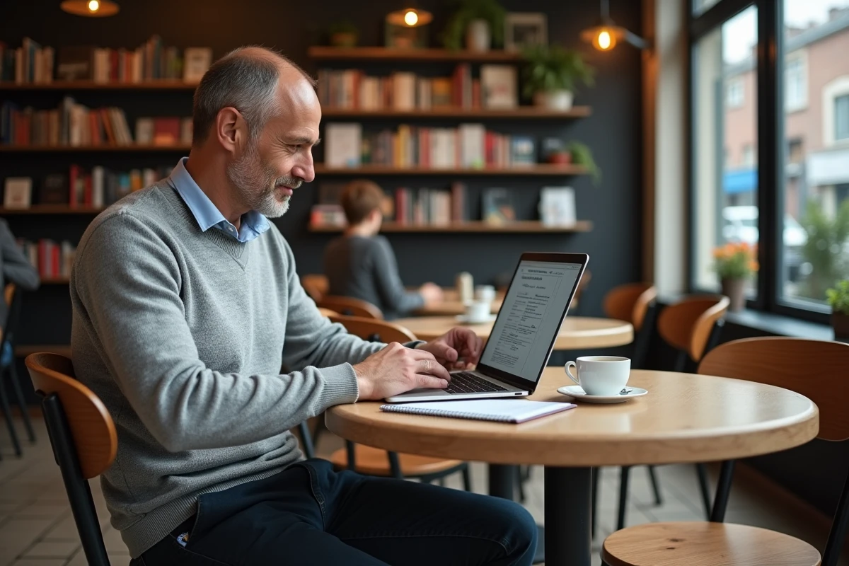 Consultant SEO freelance à Rennes travaillant sur une stratégie de contenu dans un café avec un ordinateur portable