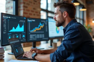 Consultant SEO à Rennes analysant des données de référencement naturel sur un écran d'ordinateur dans un bureau moderne