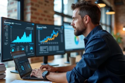 Consultant SEO à Rennes analysant des données de référencement naturel sur un écran d'ordinateur dans un bureau moderne