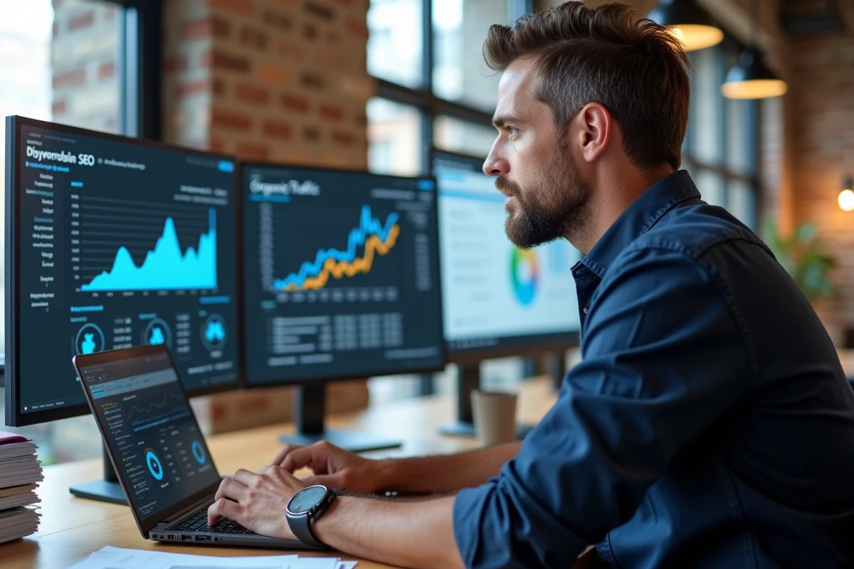 Consultant SEO à Rennes analysant des données de référencement naturel sur un écran d'ordinateur dans un bureau moderne