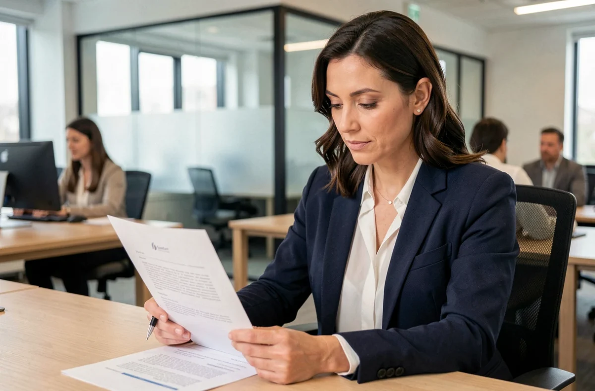 Consultante en portage salarial analysant un contrat avec ses honoraires dans un bureau moderne