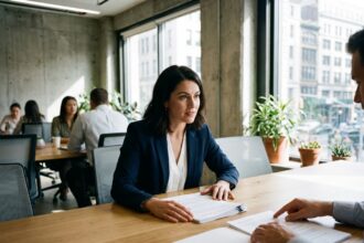 Consultante en portage salarial discutant d'un contrat avec un client dans un bureau moderne lors d'une réunion professionnelle