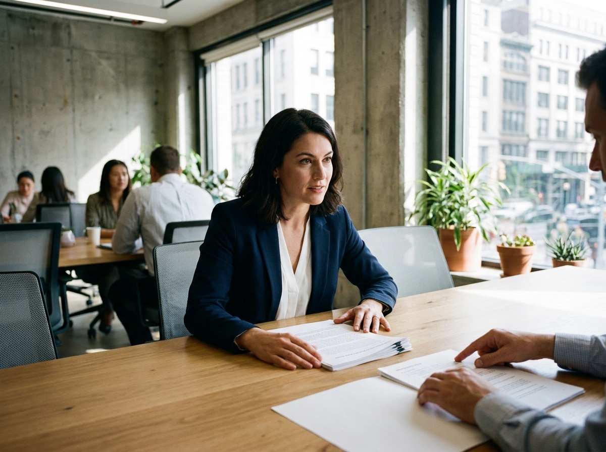 Consultante en portage salarial discutant d'un contrat avec un client dans un bureau moderne lors d'une réunion professionnelle