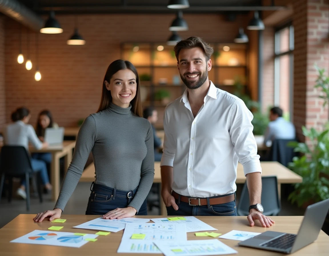 Deux consultants indépendants collaborant dans un espace de coworking moderne avec documents et ordinateur