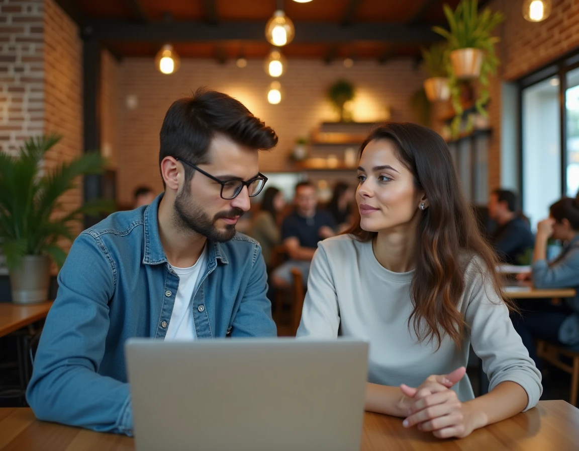 Deux collègues consultant des données économiques territoriales sur ordinateur portable dans un espace de coworking