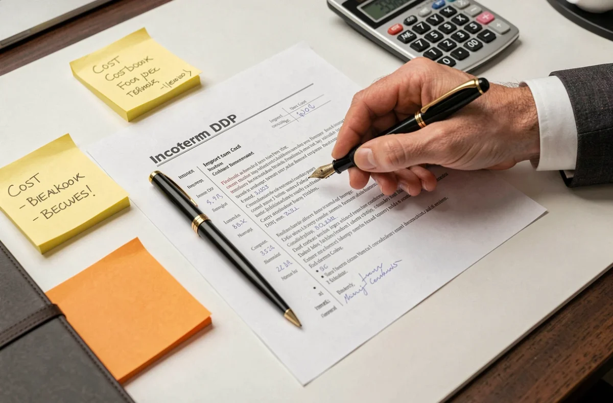 Vue aérienne d'un contrat Incoterm DDP annoté avec un stylo, une calculatrice et des notes de calcul de marges sur un bureau d'entreprise