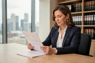 Femme consultant un contrat de portage salarial dans un bureau moderne, illustrant le statut juridique du portage salarial
