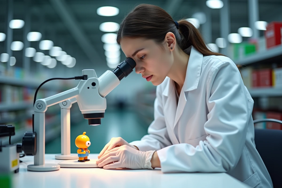 Technicienne contrôlant la qualité d'une figurine Playmobil dans un atelier d'usine spécialisé