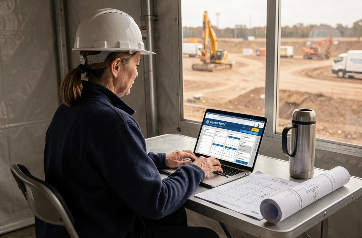 Coordinatrice logistique travaillant sur un logiciel de location de matériel de chantier dans un bureau de chantier temporaire, laptop et plans sur bureau