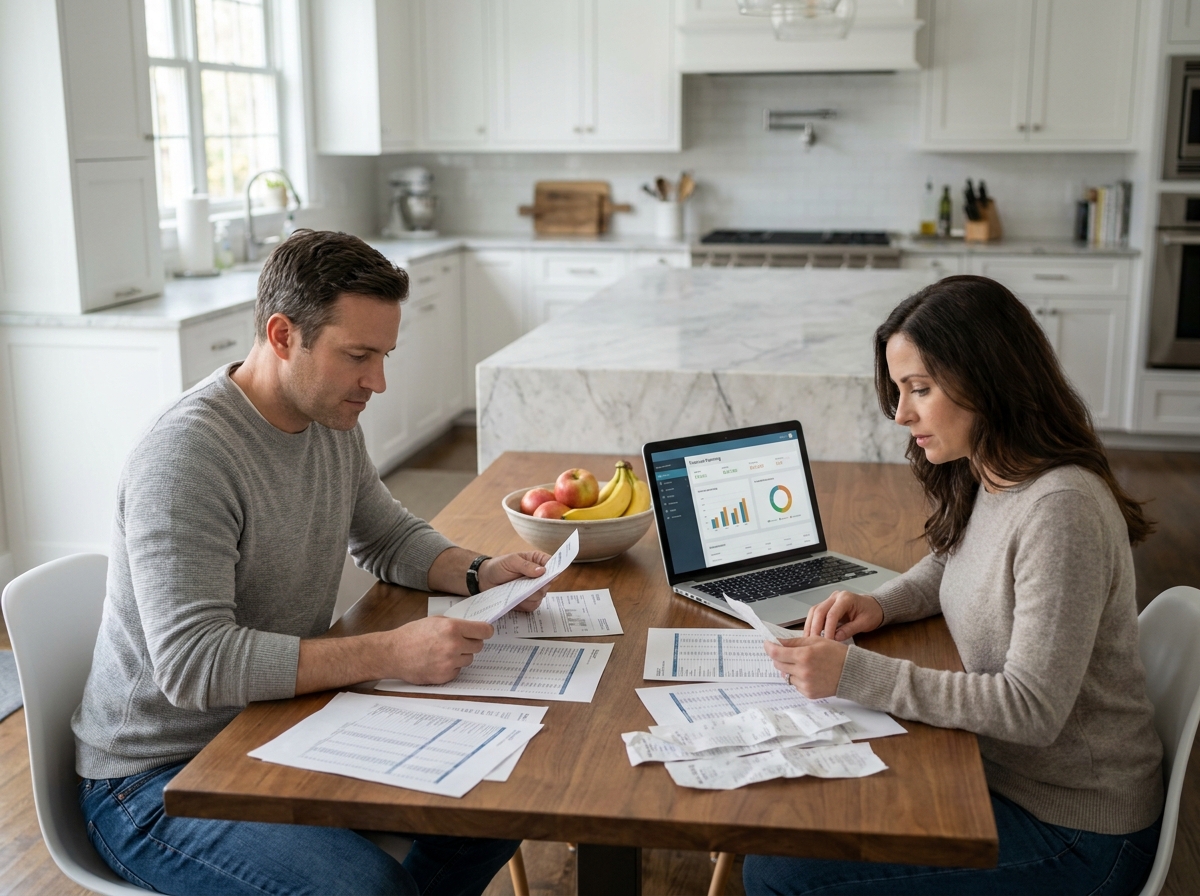 Couple gérant le budget familial avec un logiciel d'analyse financière sur ordinateur dans la cuisine