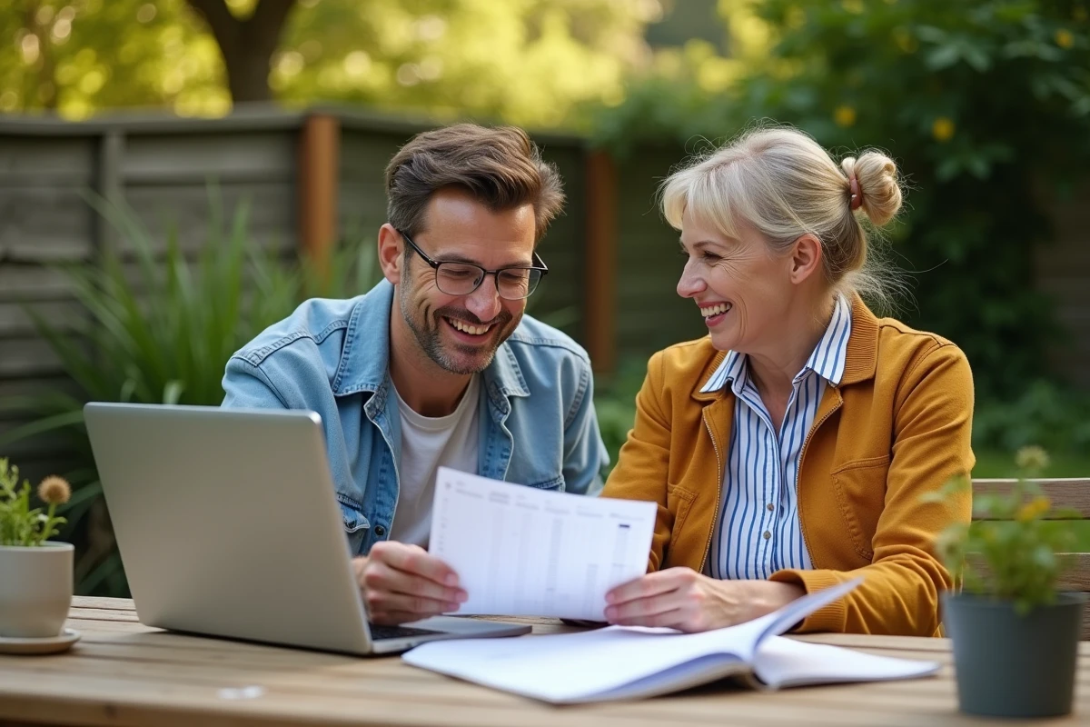 Couple planifiant ensemble les jours travaillés et les congés de l'année 2026 dans un jardin en weekend