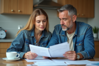 Couple regardant des factures dans la cuisine moderne