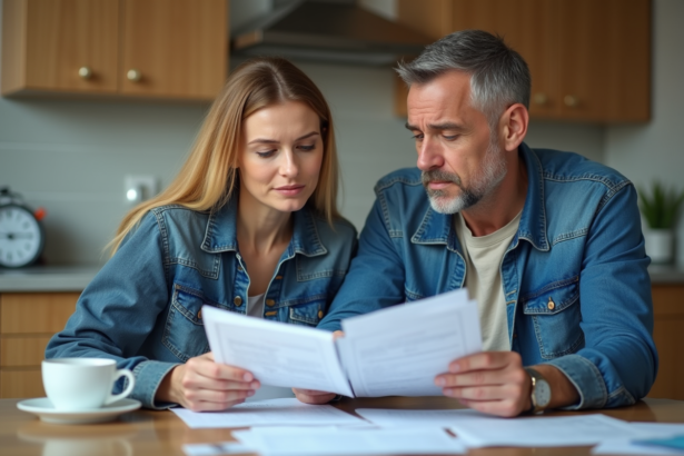 Couple regardant des factures dans la cuisine moderne