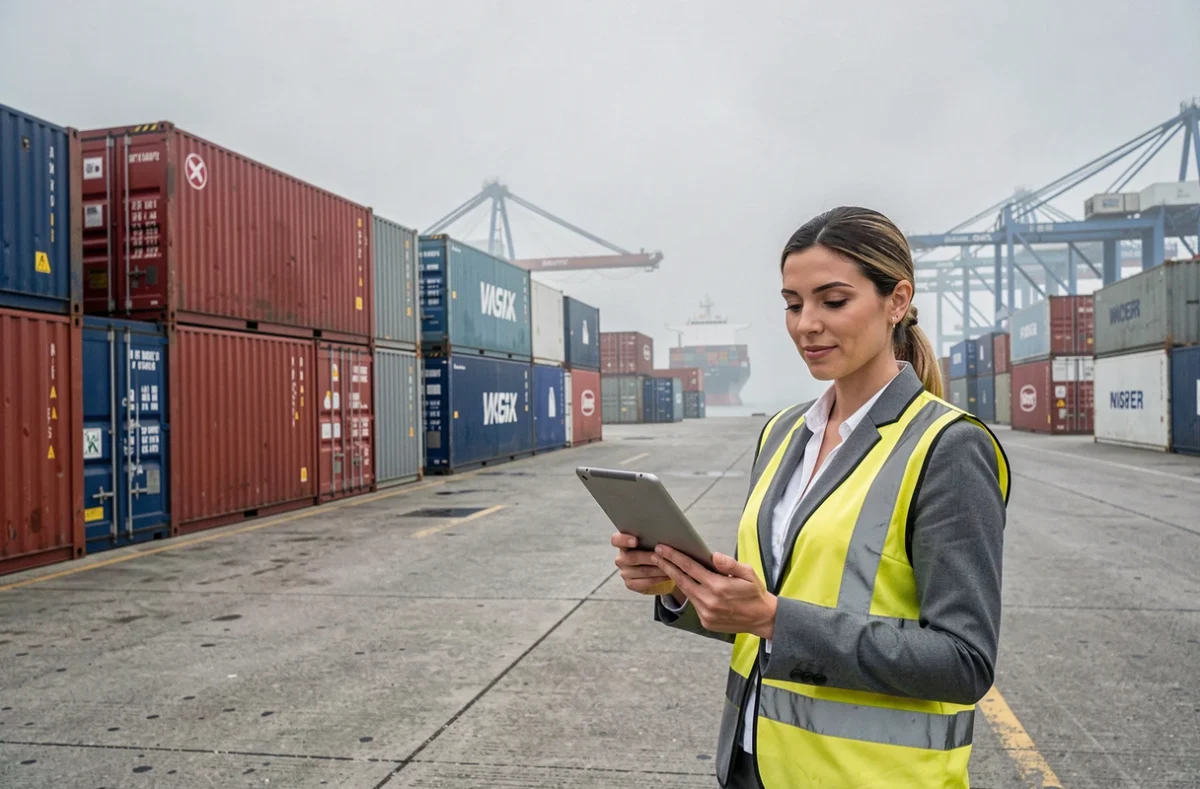 Courtière en douane consultant une tablette dans un port à conteneurs avec des empilements de conteneurs colorés en arrière-plan