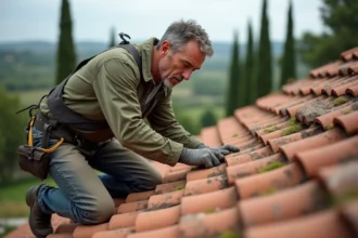 Artisan couvreur inspectant une tuile en terre cuite ancienne sur la toiture d'une ferme provençale lors d'une rénovation