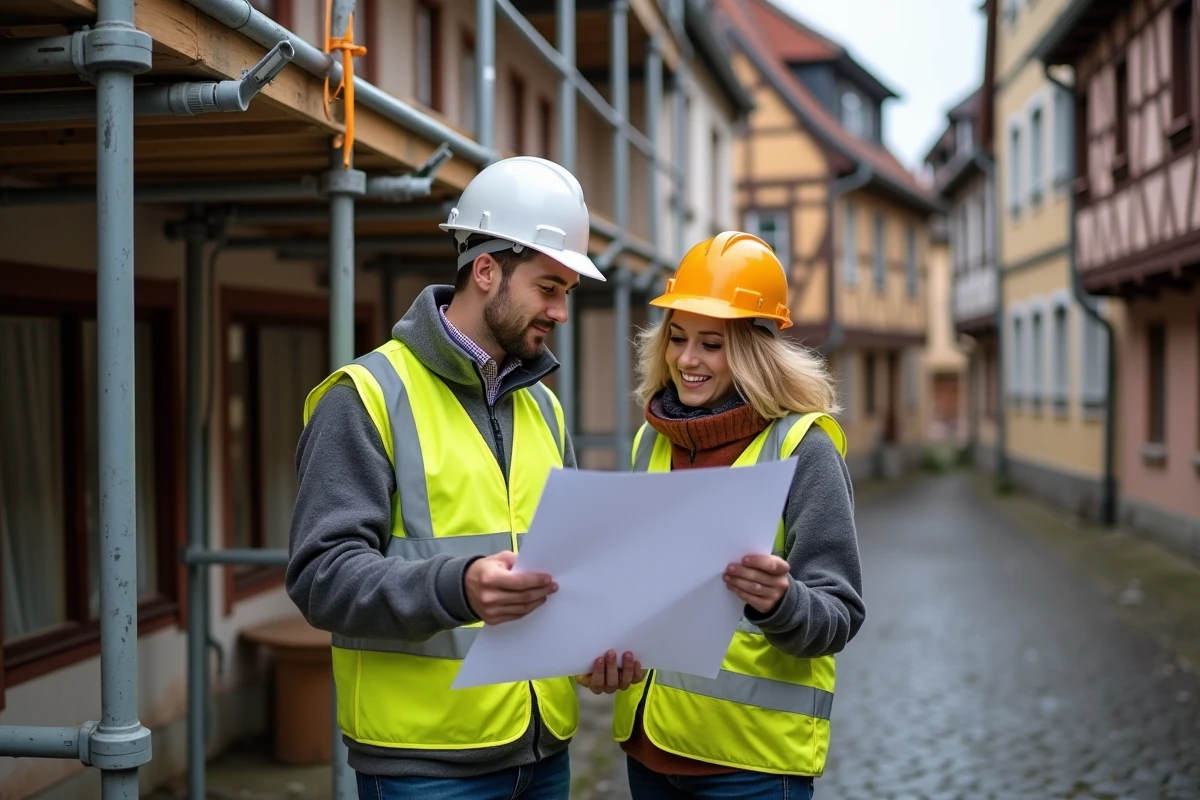 Deux couvreurs professionnels consultant un plan de rénovation devant une maison à colombages alsacienne avec échafaudage