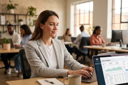 Créatrice d'entreprise utilisant un logiciel de facturation gratuit sur ordinateur portable dans un espace de coworking moderne
