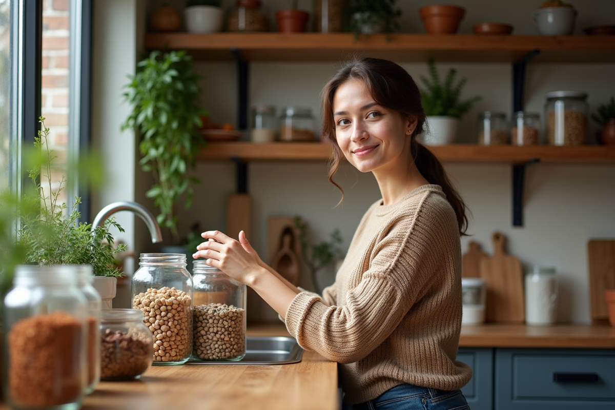 Jeune femme organisant des bocaux recyclés dans une cuisine chaleureuse
