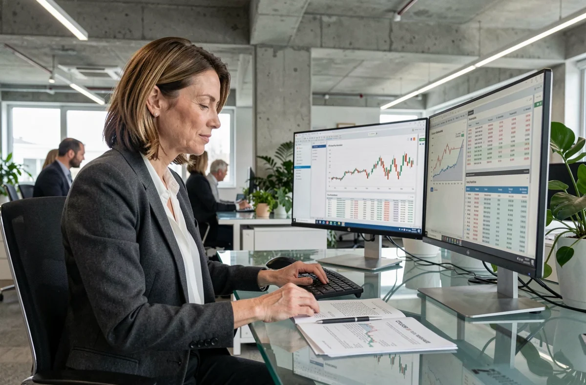Consultante Deloitte Lille travaillant sur des rapports de fiscalité et conseil dans un bureau international moderne