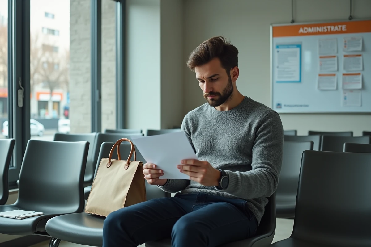 Homme lisant une convocation ou un courrier de France Travail dans la salle d'attente d'une agence pour l'emploi