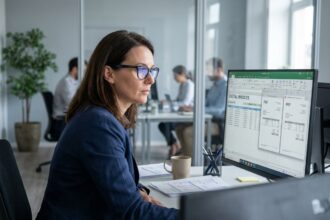 Femme cadre consultant des factures numériques sur un écran d'ordinateur dans un bureau moderne, illustrant la dématérialisation des factures clients