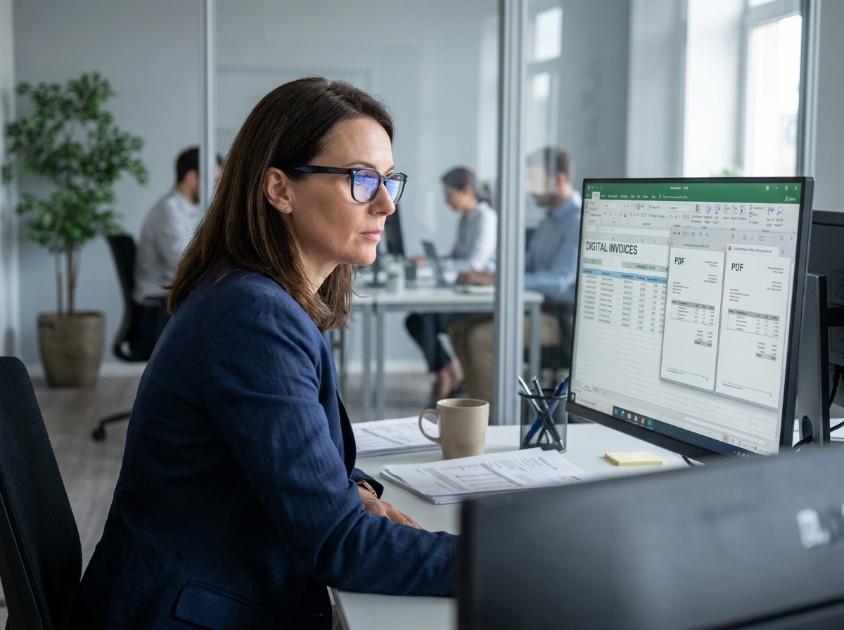 Femme cadre consultant des factures numériques sur un écran d'ordinateur dans un bureau moderne, illustrant la dématérialisation des factures clients