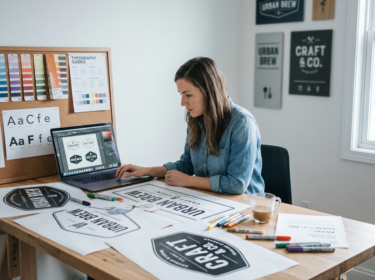 Designer graphique travaillant sur des maquettes d'enseignes publicitaires pour commerce dans un studio créatif