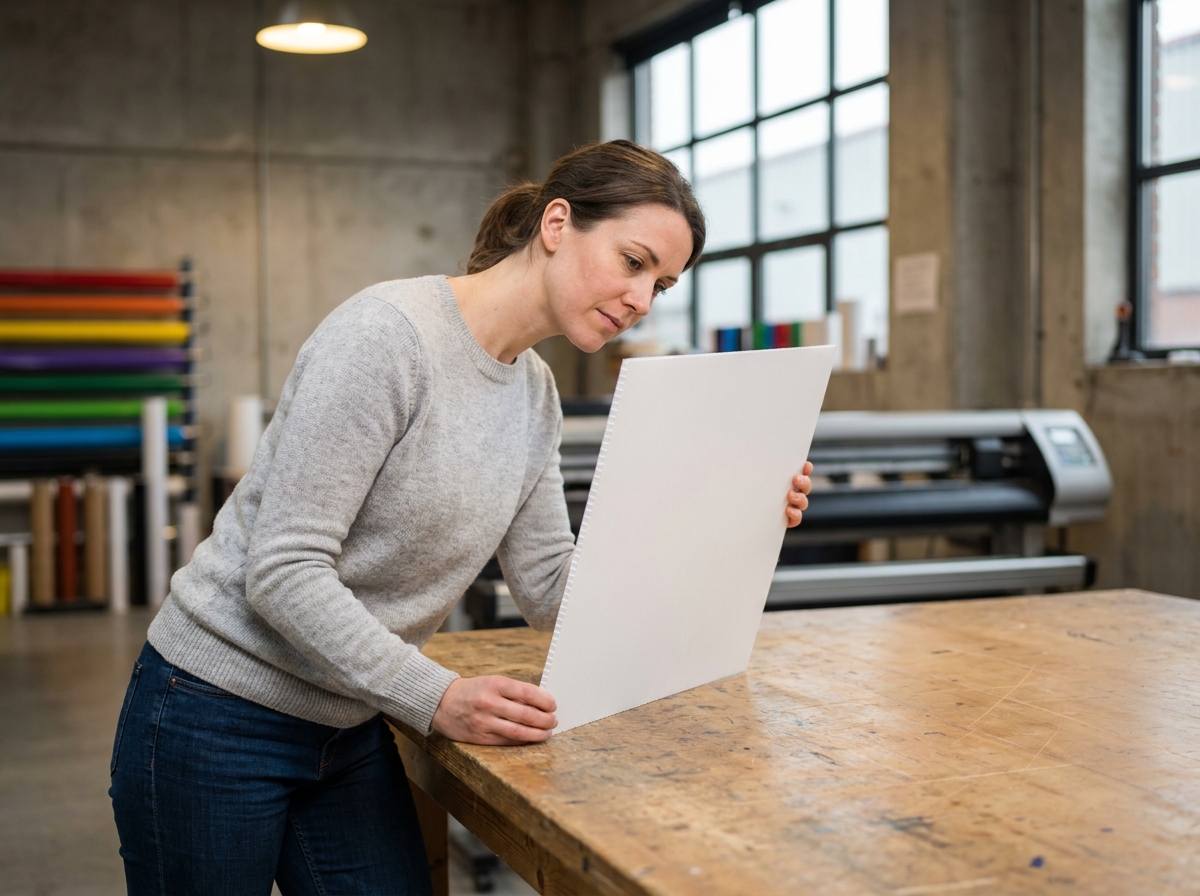 Designer graphique inspectant un panneau Akylux imprimé dans un atelier de sérigraphie professionnelle