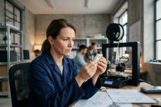 Designer examinant un prototype imprimé en 3D dans un studio de conception de produits industriels