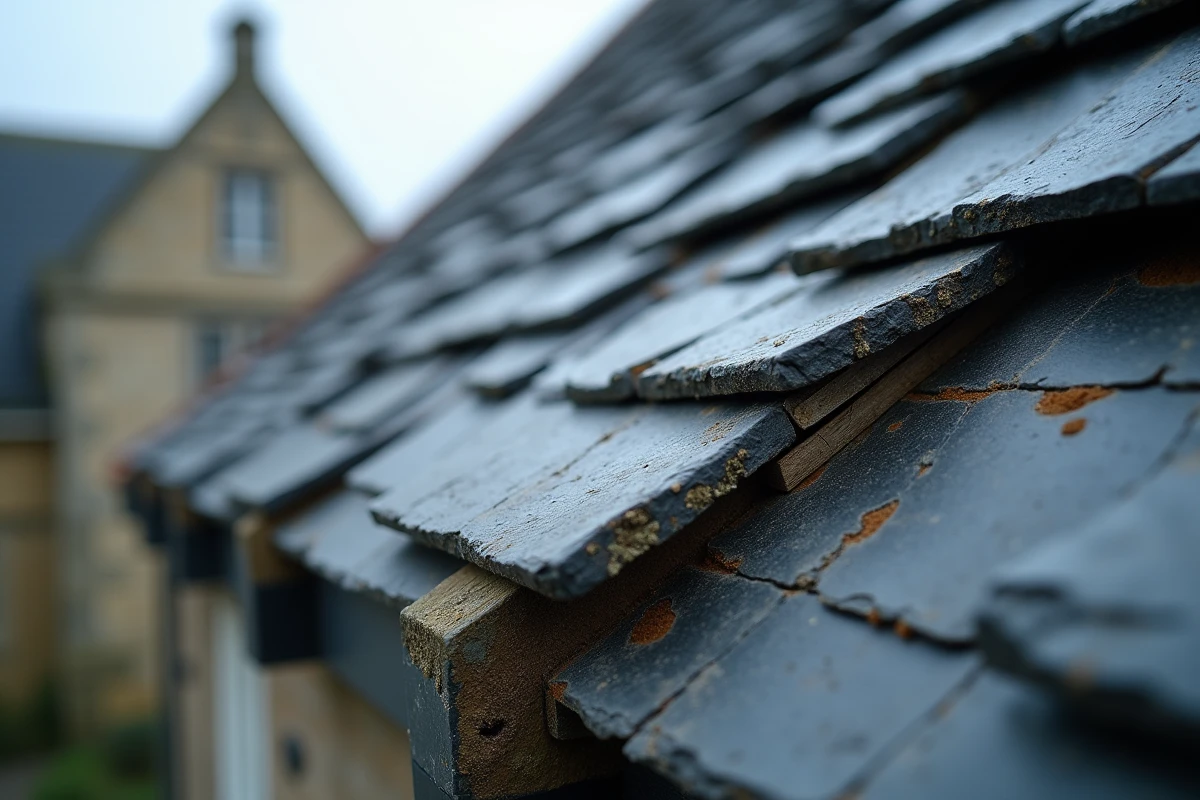 Détail d'une toiture en ardoise ancienne en cours de rénovation avec des ardoises neuves et anciennes côte à côte