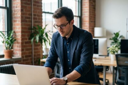 Jeune informaticien français travaillant sur un ordinateur portable