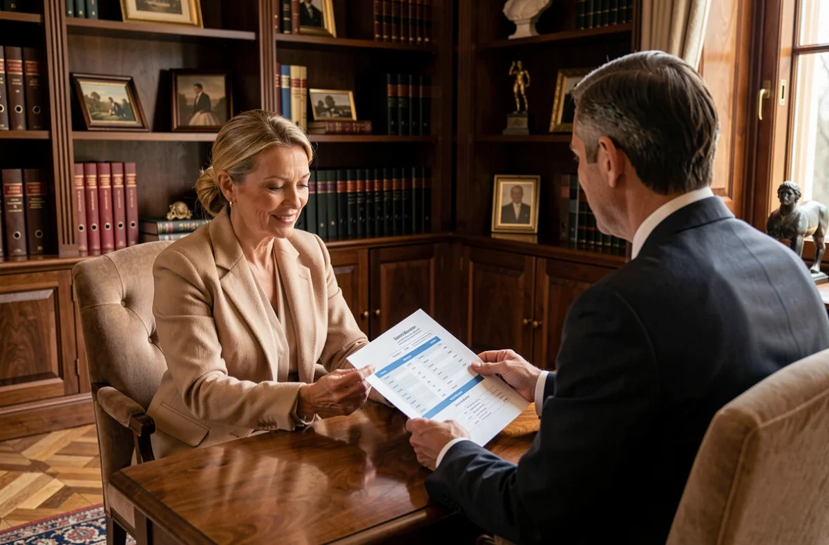 Conseillère de Diligentia Lille présentant un bilan patrimonial à un client dans un bureau de family office élégant