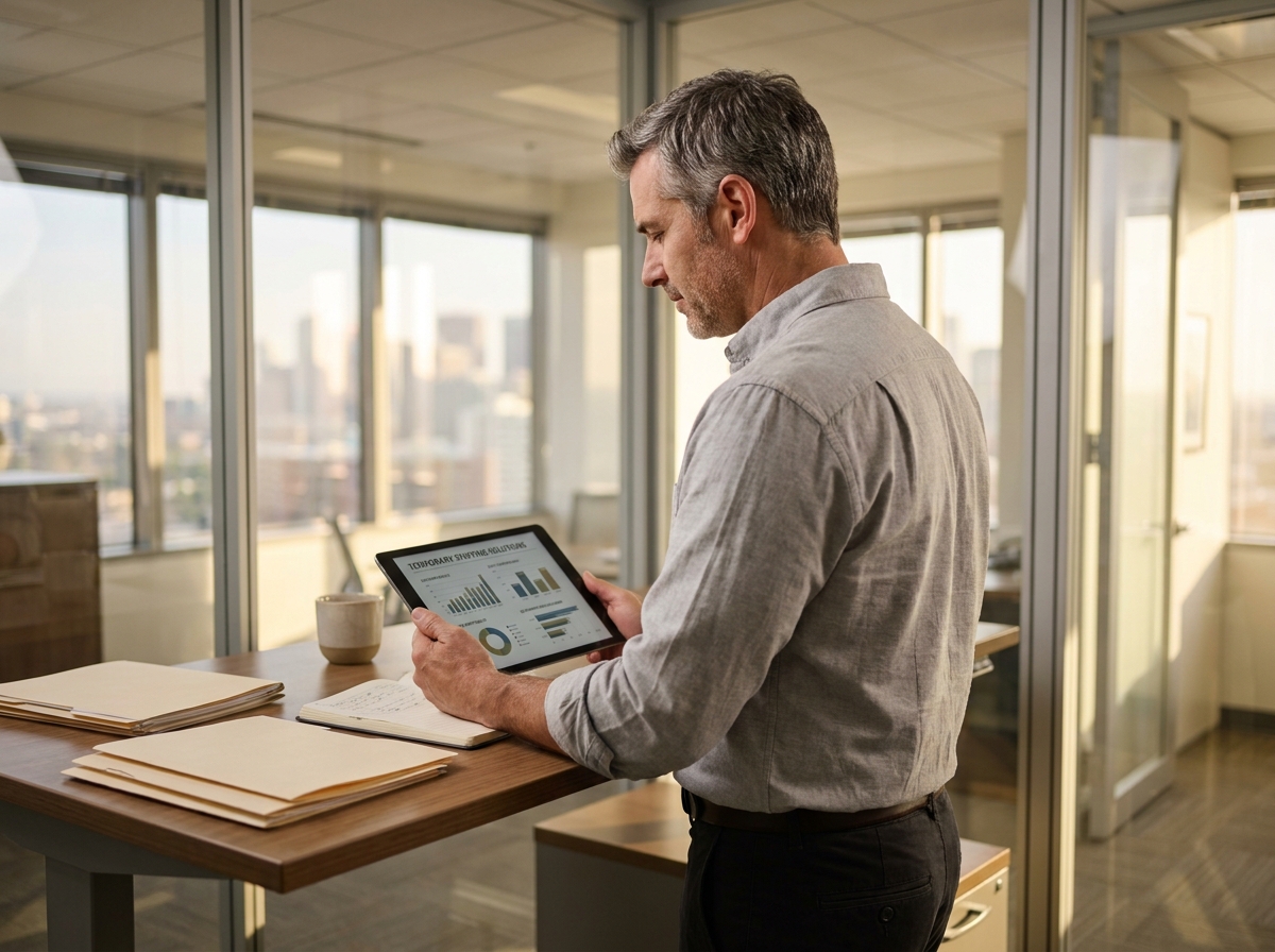 Directeur d'agence d'intérim consultant des indicateurs de rentabilité sur tablette dans un bureau moderne