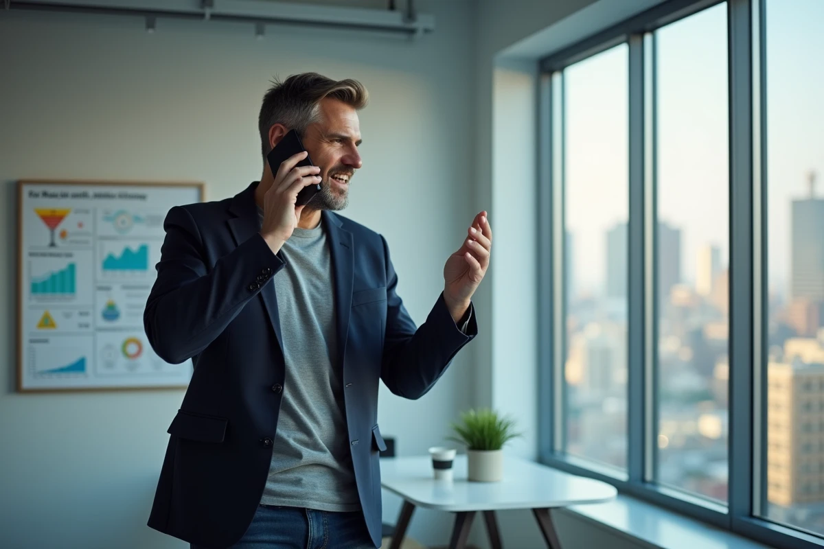 Directeur commercial de start-up B2B téléphonant debout près d'une fenêtre panoramique avec vue sur la ville