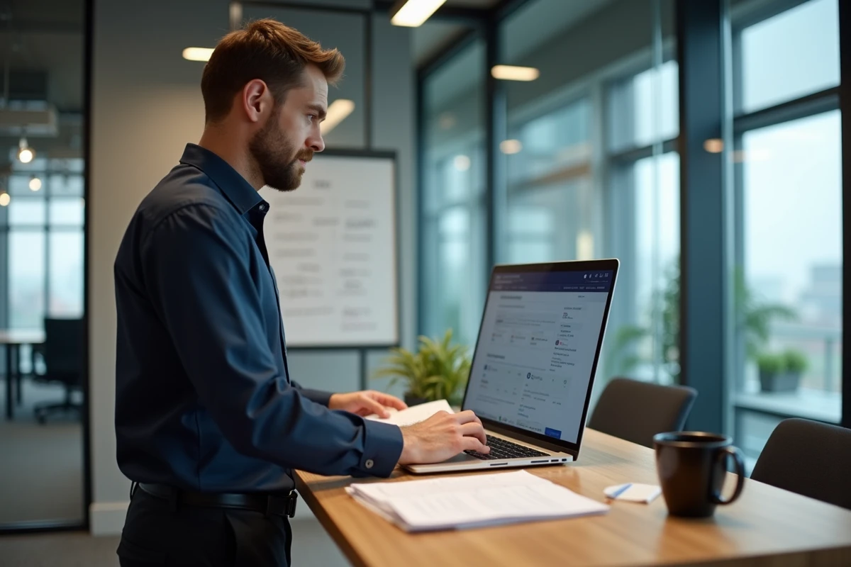 Dirigeant de PME consultant des documents RH et une plateforme de gestion des employés sur laptop