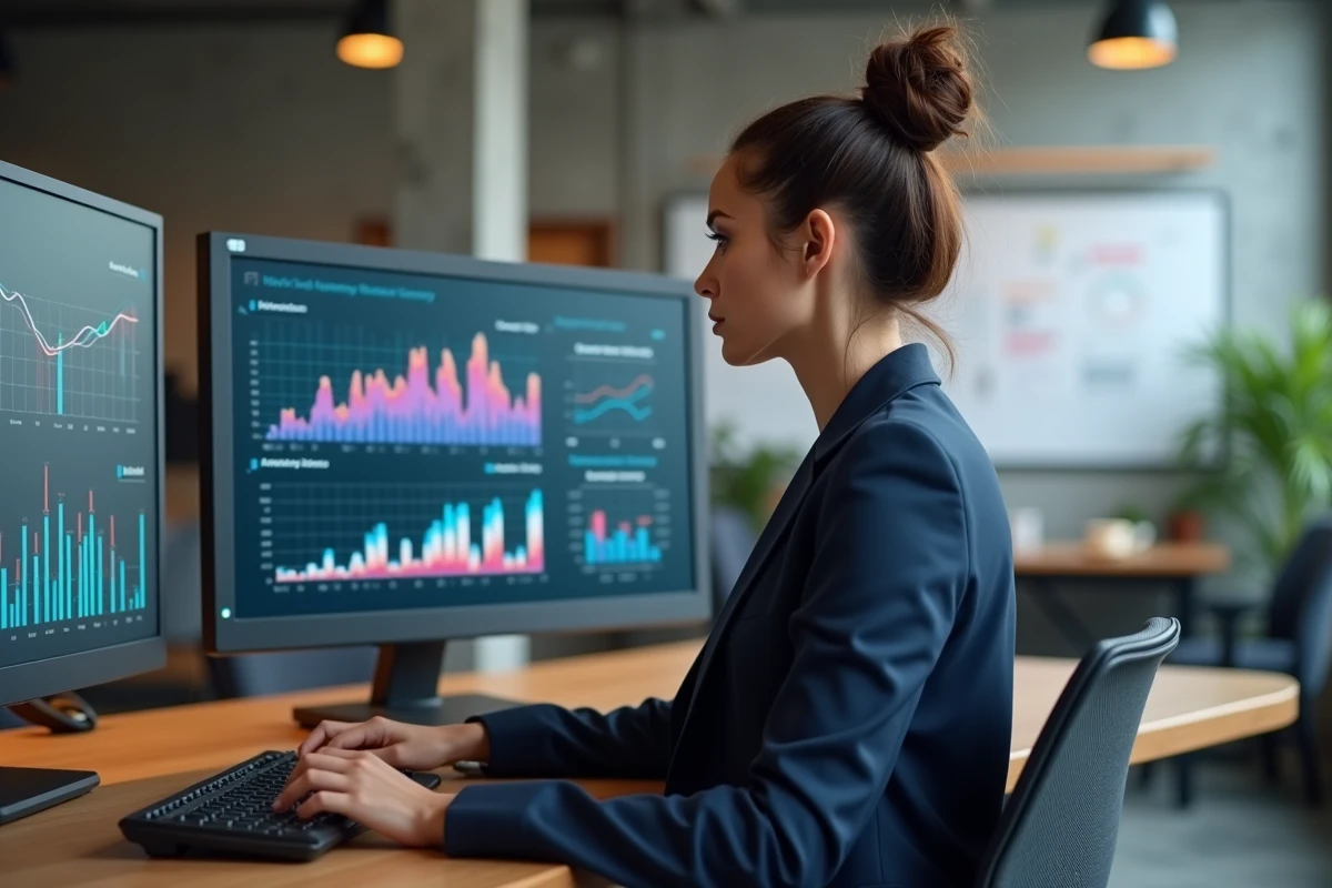 Dirigeante d'entreprise analysant des tableaux de bord d'outils IA marketing pour optimiser la croissance sans surcoût