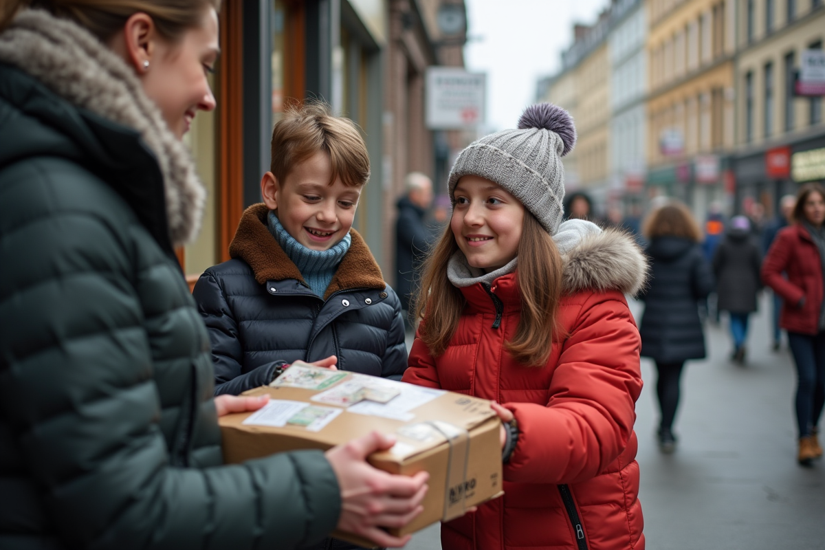 Jeunes distribuant des repas à une personne âgée en ville