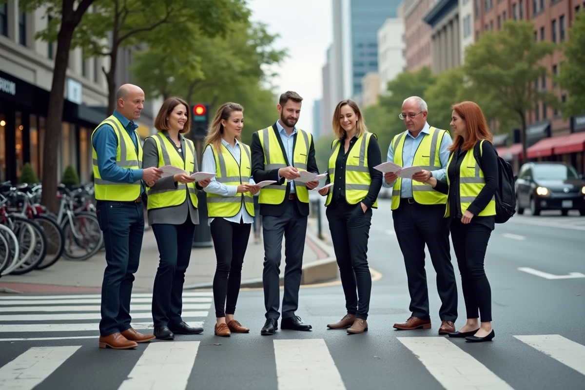 Adultes distribuant des flyers dans une rue urbaine