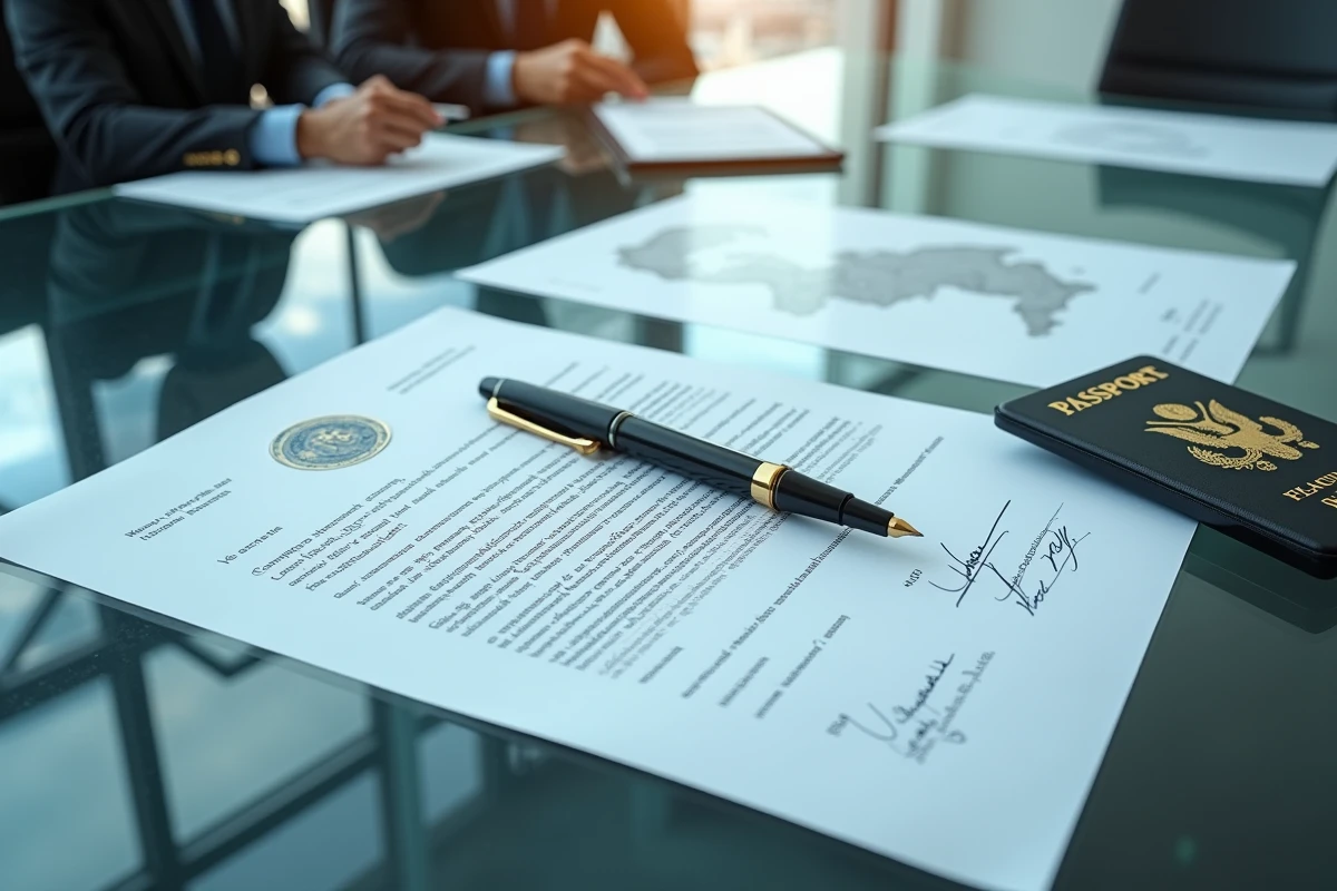 Vue en plongée de documents corporatifs internationaux, certificats d'incorporation et contrats non signés sur un bureau en verre, enquête sur une société offshore