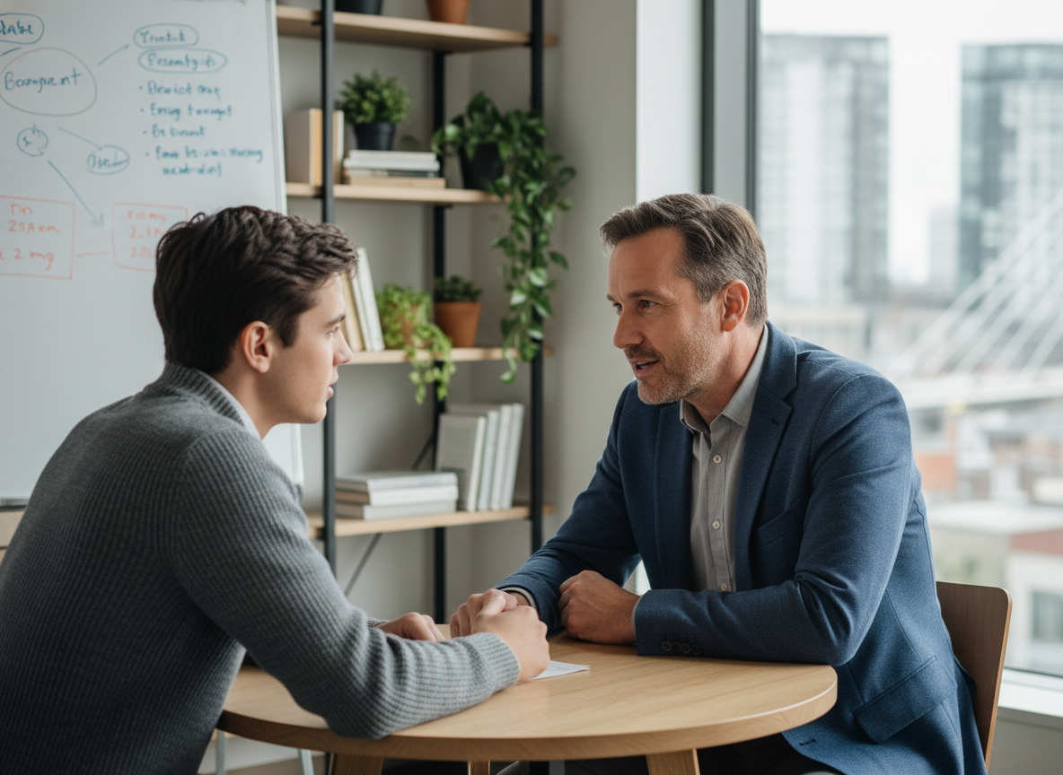 Homme en discussion avec un collègue dans un espace de travail