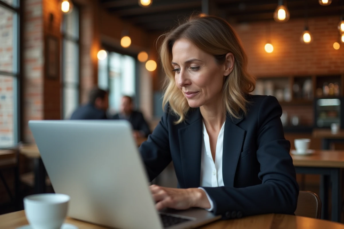 Femme dans un café consultant son email de réinitialisation de mot de passe sur son ordinateur portable avec un air soulagé